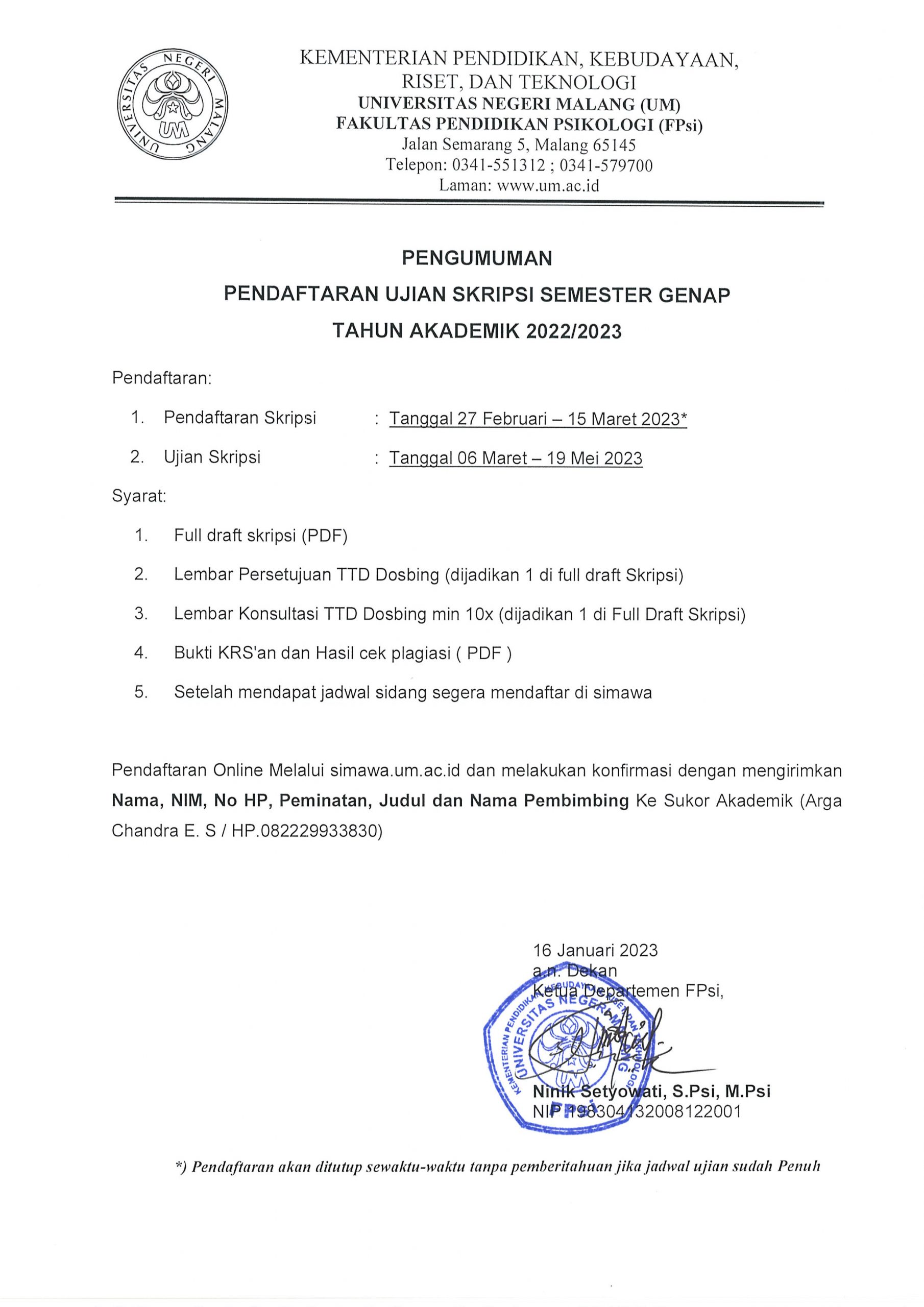 PENDAFTARAN UJIAN SKRIPSI SEMESTER GENAP 2022/2023